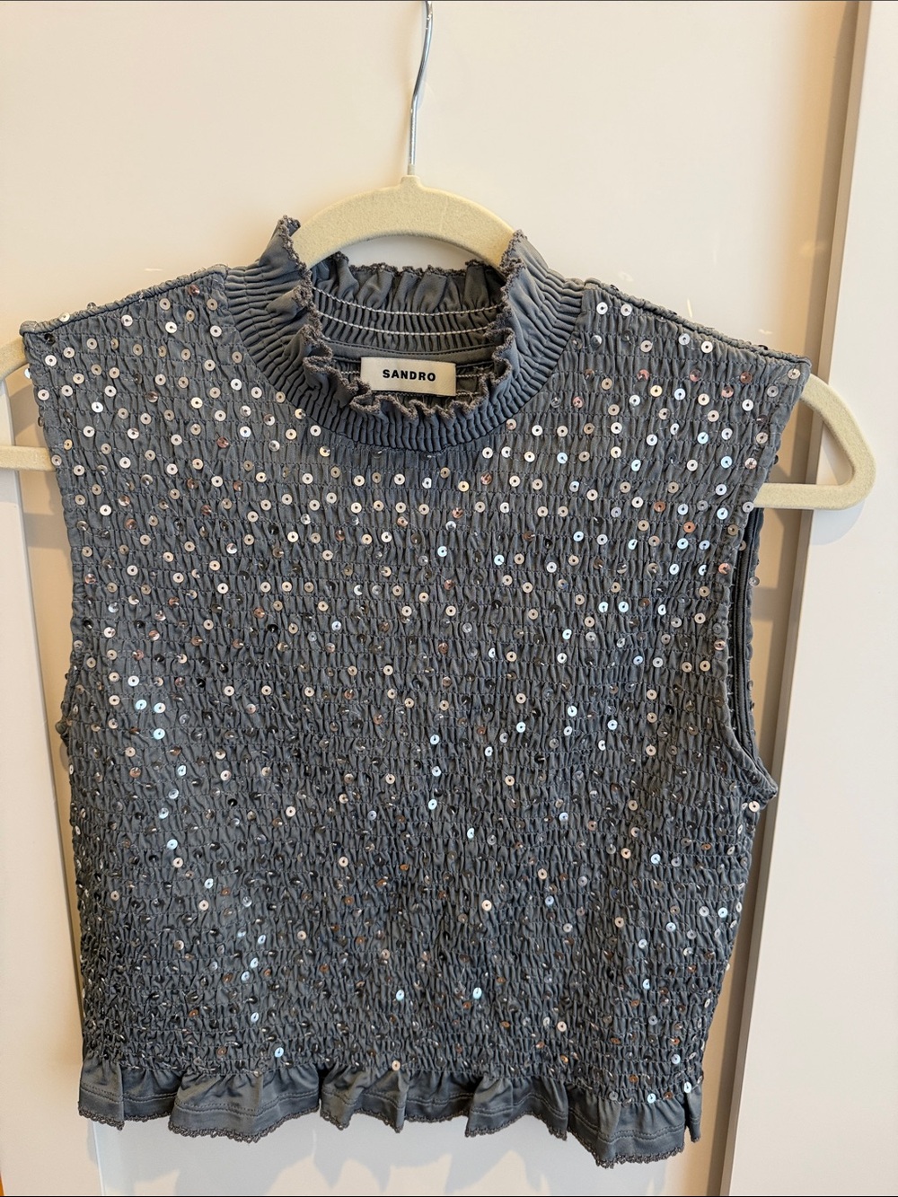 Sandro Gray Smocked Sequin Sleeveless Top